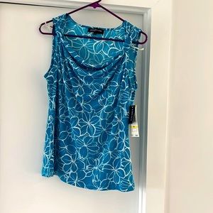 Jones New York tropical cowl neck top blue and white NWT sz M